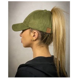 Olive Green Suede High Ponytail Hat